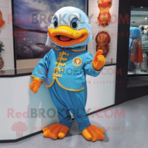 Blue Mandarin mascot costume character dressed with a Romper and Lapel pins