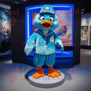 Blue Mandarin mascot costume character dressed with a Romper and Lapel pins