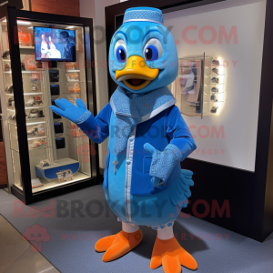 Blue Mandarin mascot costume character dressed with a Romper and Lapel pins