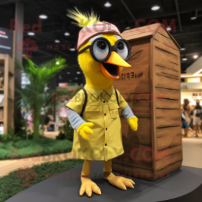 Yellow Woodpecker mascot costume character dressed with a Cargo Shorts and Eyeglasses