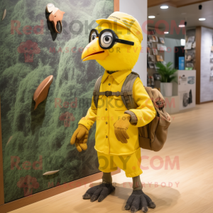 Yellow Woodpecker mascot costume character dressed with a Cargo Shorts and Eyeglasses