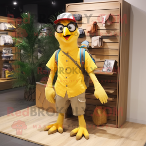 Yellow Woodpecker mascot costume character dressed with a Cargo Shorts and Eyeglasses