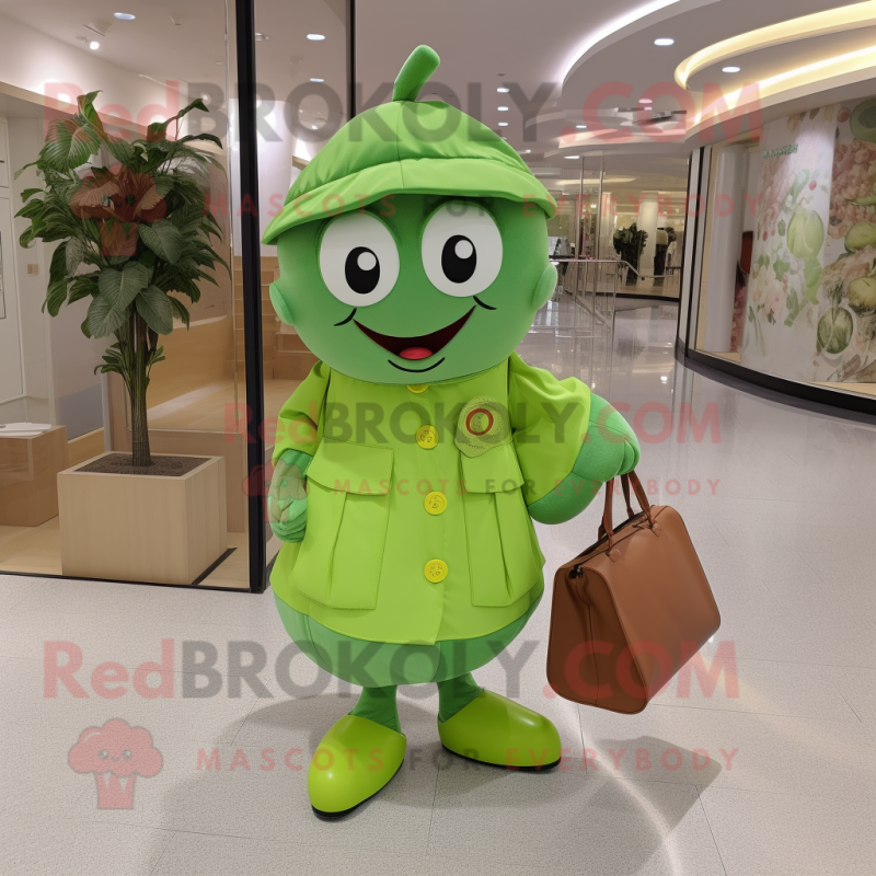 Lime Green Plum mascot costume character dressed with a Culottes and Messenger bags Lime Green Plum mascot costume character dressed with a Culottes and Messenger bags