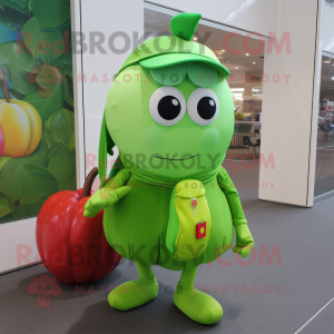 Lime Green Plum mascot costume character dressed with a Culottes and Messenger bags