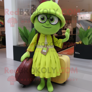 Lime Green Plum mascot costume character dressed with a Culottes and Messenger bags