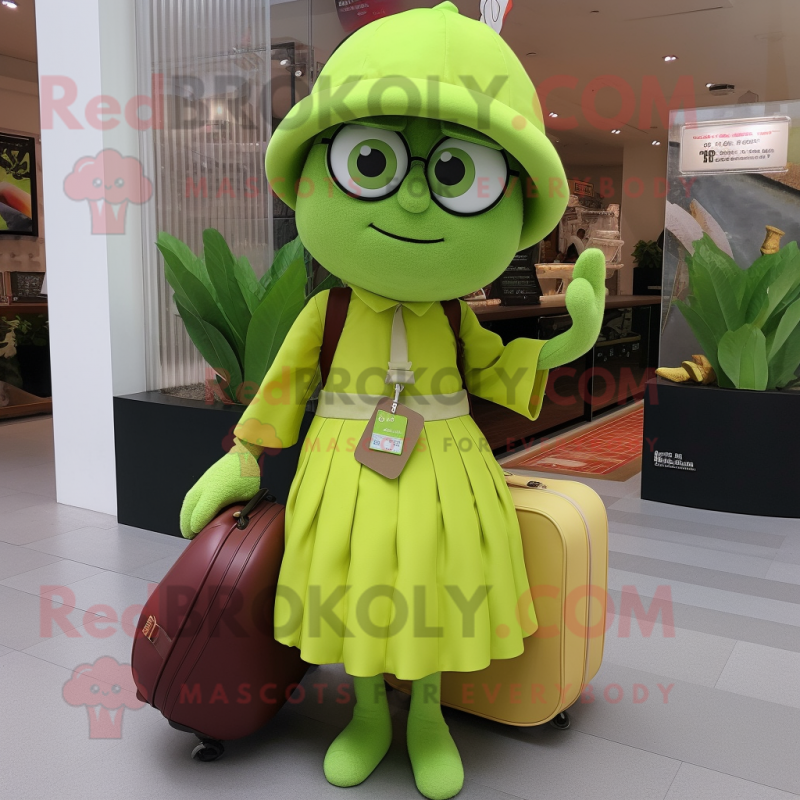 Lime Green Plum mascot costume character dressed with a Culottes and Messenger bags Lime Green Plum mascot costume character dressed with a Culottes and Messenger bags