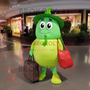 Lime Green Plum mascot costume character dressed with a Culottes and Messenger bags