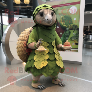 Olive Pangolin mascot costume character dressed with a Wrap Skirt and Coin purses