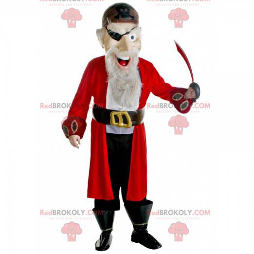 Mascota pirata barbudo con un traje rojo, blanco y negro -