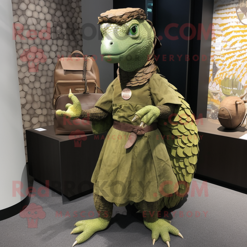 Olive Pangolin mascot costume character dressed with a Wrap Skirt and Coin purses Olive Pangolin mascot costume character dressed with a Wrap Skirt and Coin purses