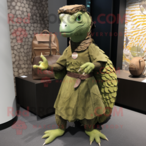 Olive Pangolin mascot costume character dressed with a Wrap Skirt and Coin purses