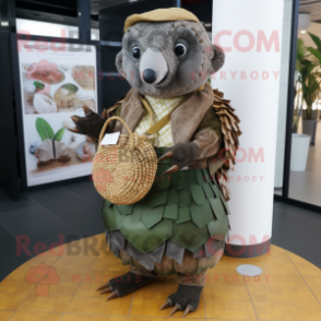 Olive Pangolin mascot costume character dressed with a Wrap Skirt and Coin purses