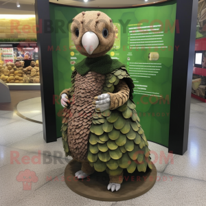 Olive Pangolin mascot costume character dressed with a Wrap Skirt and Coin purses