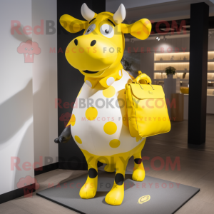 Yellow Cow mascot costume character dressed with a Playsuit and Clutch bags
