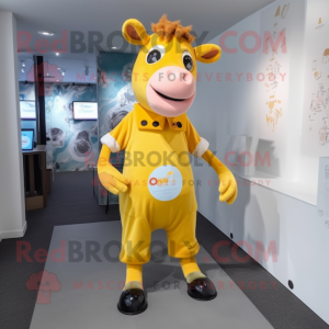 Yellow Cow mascot costume character dressed with a Playsuit and Clutch bags