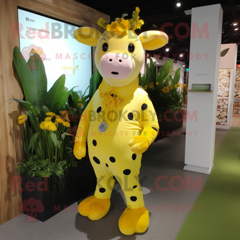 Yellow Cow mascot costume character dressed with a Playsuit and Clutch bags Yellow Cow mascot costume character dressed with a Playsuit and Clutch bags