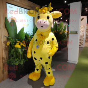 Yellow Cow mascot costume character dressed with a Playsuit and Clutch bags