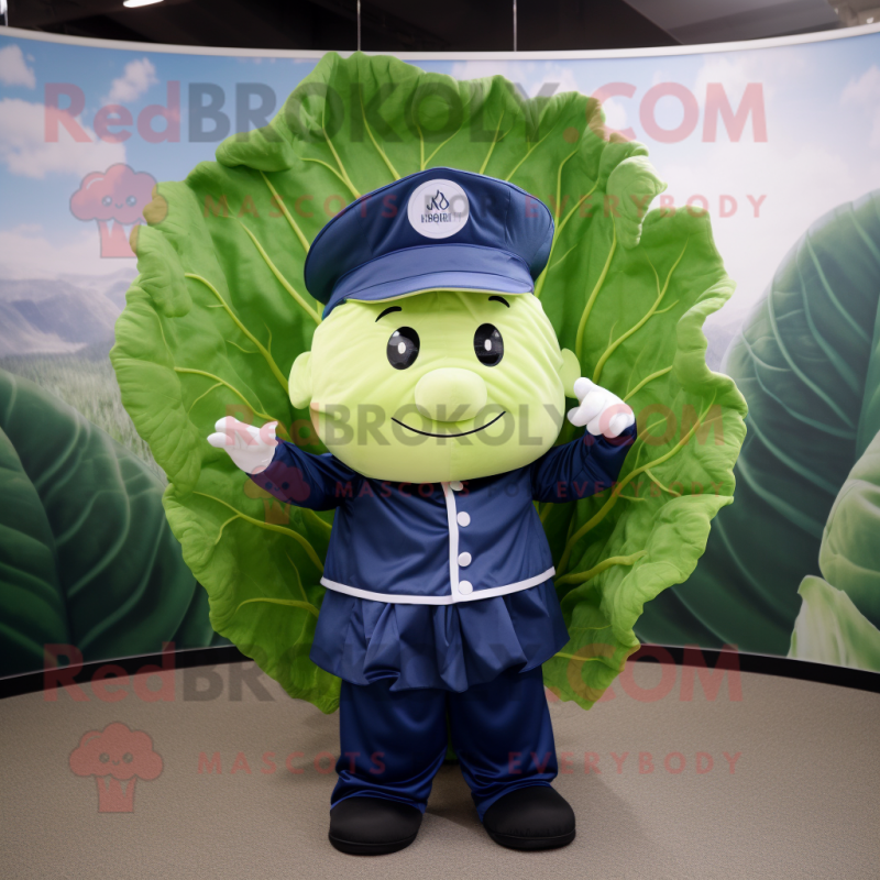 Navy Cabbage Leaf mascot costume character dressed with a Poplin Shirt and Caps Navy Cabbage Leaf mascot costume character dressed with a Poplin Shirt and Caps