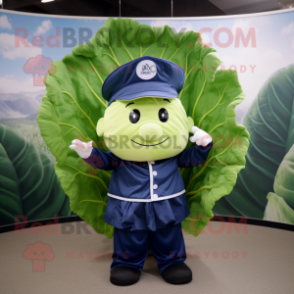 Navy Cabbage Leaf mascot costume character dressed with a Poplin Shirt and Caps
