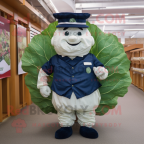 Navy Cabbage Leaf mascot costume character dressed with a Poplin Shirt and Caps