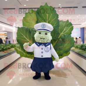Navy Cabbage Leaf mascot costume character dressed with a Poplin Shirt and Caps