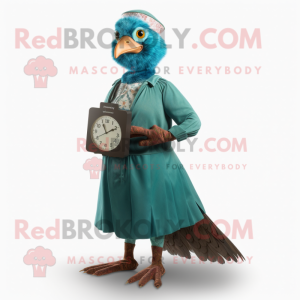 Teal Pheasant mascot costume character dressed with a A-Line Dress and Digital watches