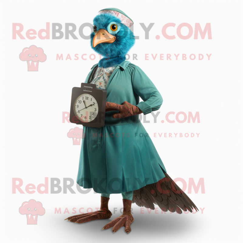 Teal Pheasant mascot costume character dressed with a A-Line Dress and Digital watches Teal Pheasant mascot costume character dressed with a A-Line Dress and Digital watches