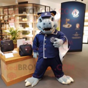 Navy Ankylosaurus mascot costume character dressed with a Long Sleeve Tee and Messenger bags