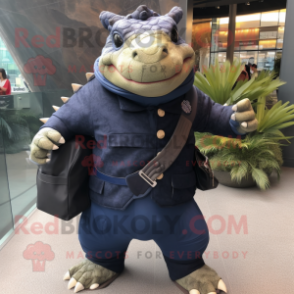 Navy Ankylosaurus mascot costume character dressed with a Long Sleeve Tee and Messenger bags