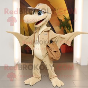 Beige Pterodactyl mascot costume character dressed with a Flare Jeans and Messenger bags