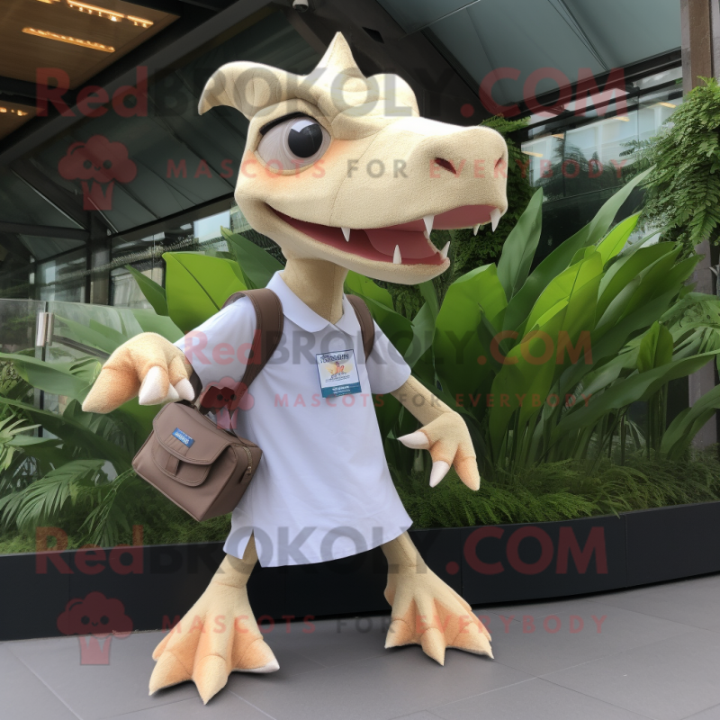 Beige Pterodactyl mascot costume character dressed with a Flare Jeans and Messenger bags