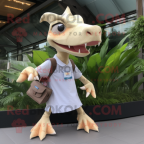 Beige Pterodactyl mascot costume character dressed with a Flare Jeans and Messenger bags