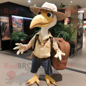 Beige Pterodactyl mascot costume character dressed with a Flare Jeans and Messenger bags