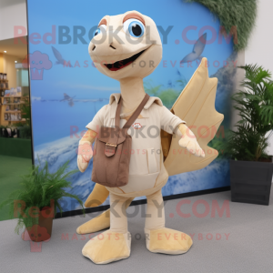 Beige Pterodactyl mascot costume character dressed with a Flare Jeans and Messenger bags