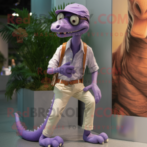 Lavender Coelophysis mascot costume character dressed with a Chinos and Rings