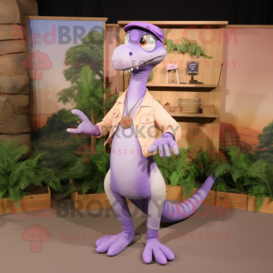 Lavender Coelophysis mascot costume character dressed with a Chinos and Rings