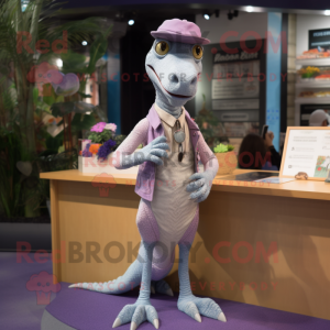 Lavender Coelophysis mascot costume character dressed with a Chinos and Rings
