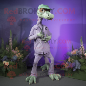 Lavender Coelophysis mascot costume character dressed with a Chinos and Rings