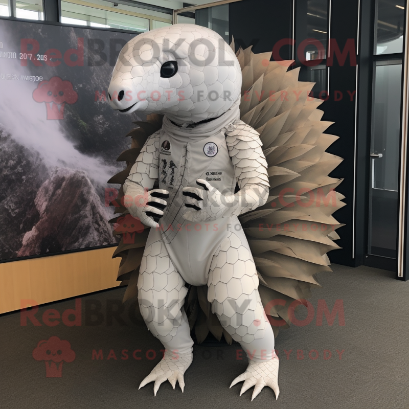 White Pangolin mascot costume character dressed with a Bodysuit and Cummerbunds