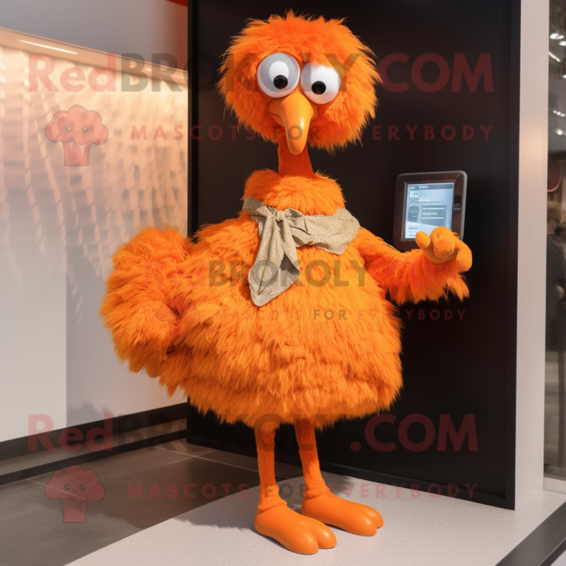 Orange Ostrich mascot costume character dressed with a Mini Dress and Clutch bags