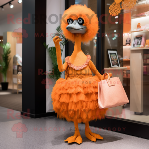 Orange Ostrich mascot costume character dressed with a Mini Dress and Clutch bags