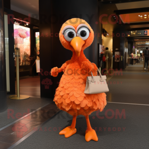 Orange Ostrich mascot costume character dressed with a Mini Dress and Clutch bags