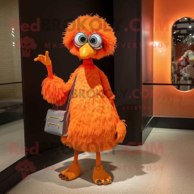 Orange Ostrich mascot costume character dressed with a Mini Dress and Clutch bags