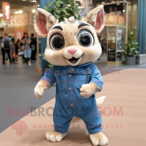 Beige Flying Squirrel mascot costume character dressed with a Denim Shirt and Headbands