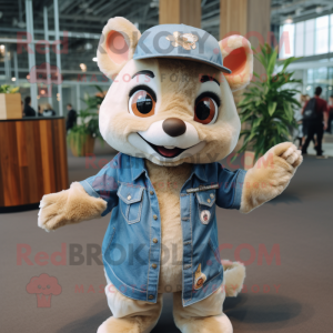 Beige Flying Squirrel mascot costume character dressed with a Denim Shirt and Headbands