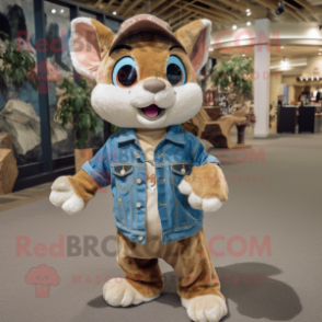 Beige Flying Squirrel mascot costume character dressed with a Denim Shirt and Headbands