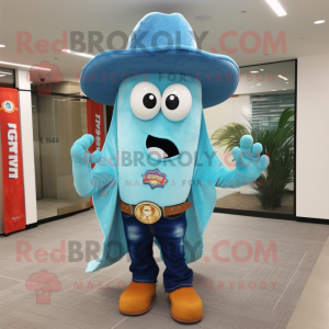 Sky Blue Fried Calamari mascot costume character dressed with a Bootcut Jeans and Wallets