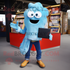 Sky Blue Fried Calamari mascot costume character dressed with a Bootcut Jeans and Wallets