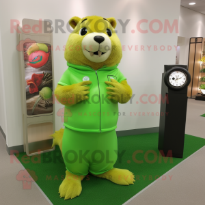 Lime Green Beaver mascot costume character dressed with a Pencil Skirt and Bracelet watches