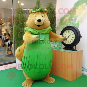 Lime Green Beaver mascot costume character dressed with a Pencil Skirt and Bracelet watches